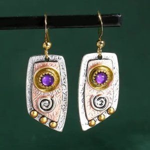 Rose Gold Purple Stone Drop Earrings Bohemian Artsy NEW